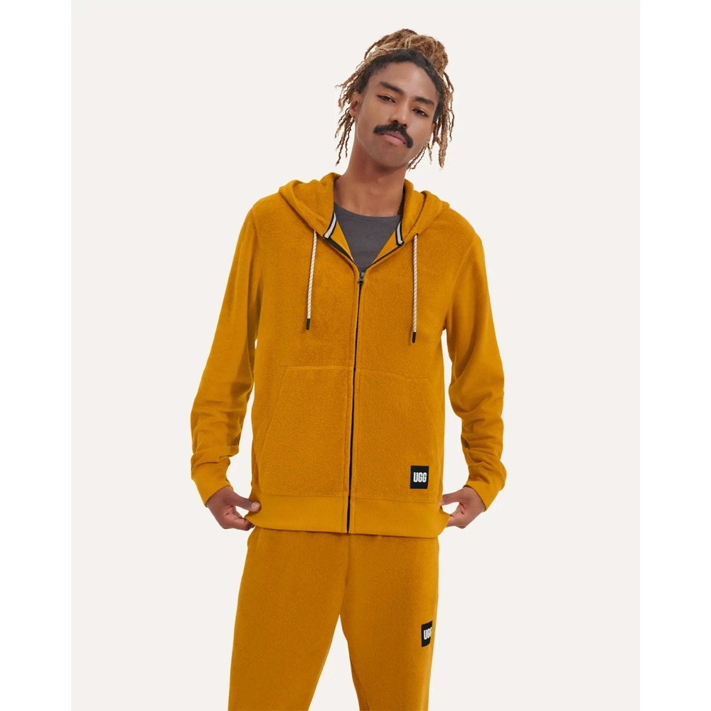 UGG Men's Forster Full Zip Hoodie Jacket Large Terry Cloth Mustard Yellow Cozy